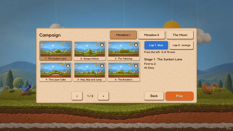 The campaign screen with level pictures, chapters Meadow I, Meadow II and The Moon, and two laps.