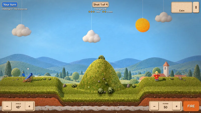 A challenge: the blue cannon aims over a tall hill at a scarecrow, the HUD showing shot 1 of 4 and the star thresholds.