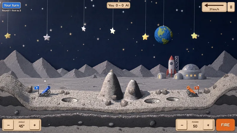 Two cannons on a grey Moon surface with craters and rock spires, the Earth and felt stars hanging in a black sky.